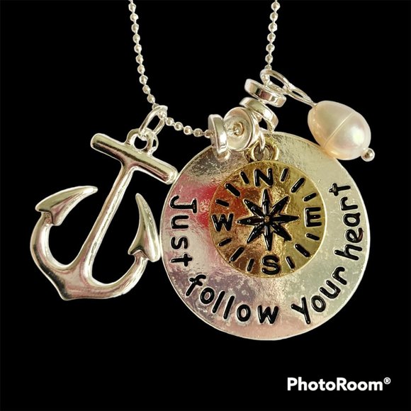 Nautical Compass Anchor Pearl Pendant Necklace Silver Plated 19" Freshwater - Picture 7 of 12